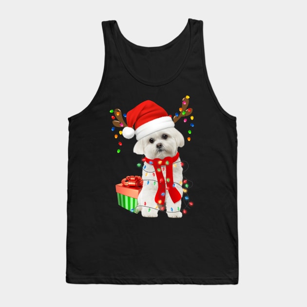 Funny Dog Maltese Wearing Santa Hat Christmas Lights Gift For Dog Lover Tank Top by mittievance